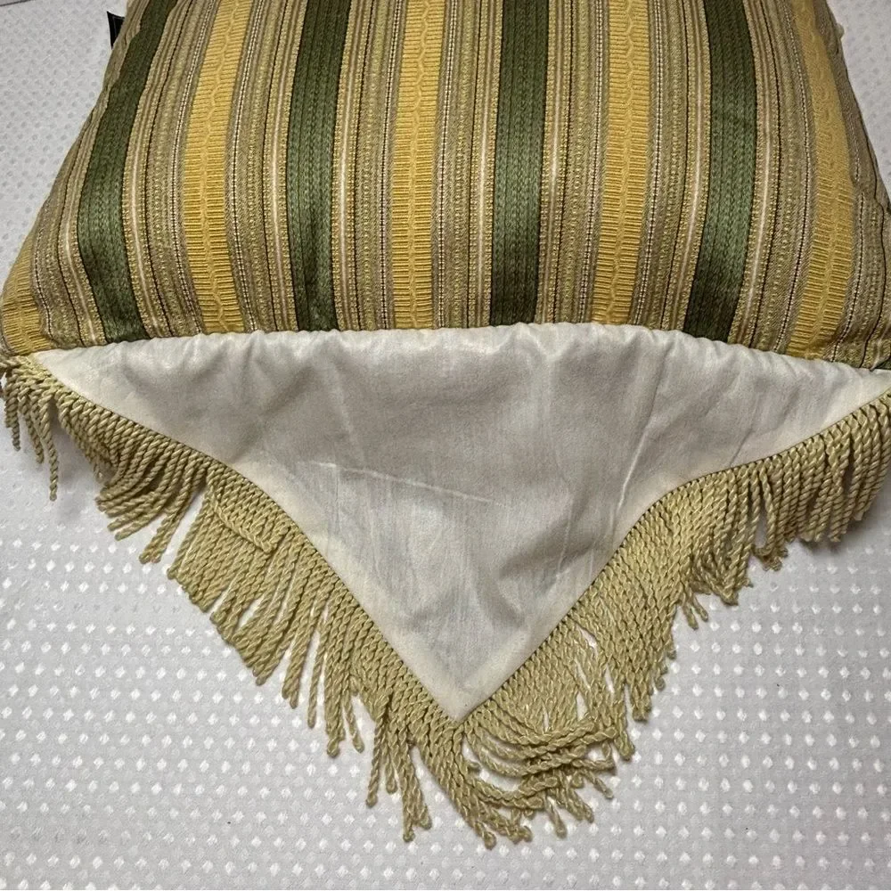 Platinum Couture Green and Gold Stripe Brocade Decorative Pillow with Fringe